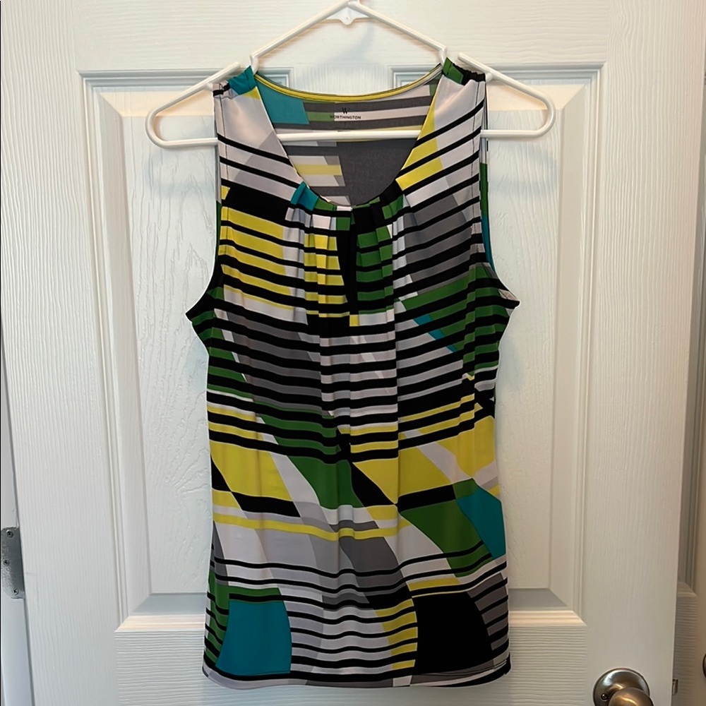 Worthington EUC Black, White, Green & Yellow Graphic Sleeveless Blouse